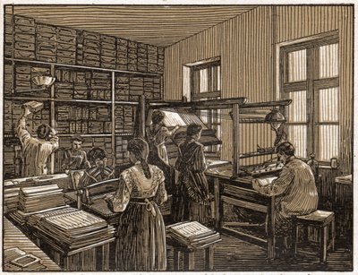 Imprimerie à Budapest, Hongrie : façonnage et préparation des livres. Travail des femmes. vers 1910 (Illustration) - . .
