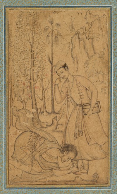 Un saint homme se prosternant devant un prince érudit, vers 1585, bordure ajoutée probablement dans les années 1700 -   Manohar