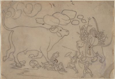 Durga confronte le démon-buffle Mahisha : Scène du Devi Mahatmya - a first generation master after Nainsukh