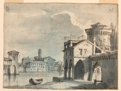Décor de scène, bâtiments sur le bord de la rivière - after Alessandro Sanquirico