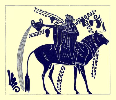 Dionysos chevauchant un taureau, illustration des Peintures de vases grecs par J. E. Harrison et D. S. MacColl, publié en 1894 - after English School