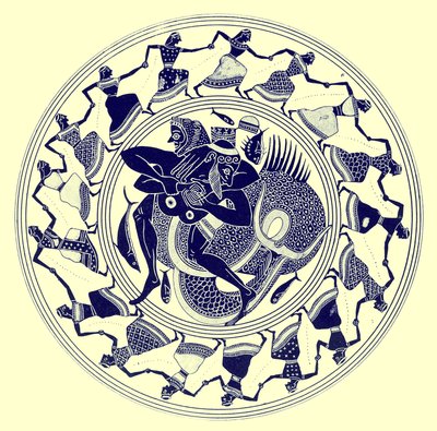 Héraclès luttant avec Triton, illustration des Peintures de vases grecs par J. E. Harrison et D. S. MacColl, publié en 1894 - after English School
