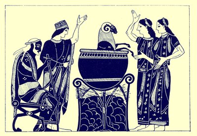 Médée faisant bouillir le bélier, illustration des Peintures de vases grecs par J. E. Harrison et D. S. MacColl, publié en 1894 - after English School