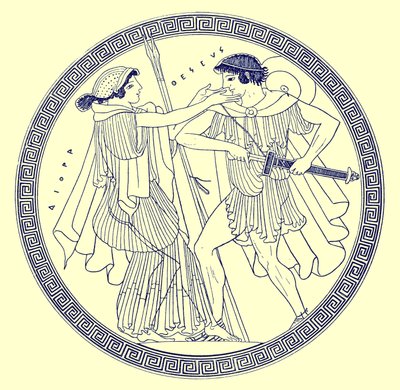 Thésée et Aethra, illustration des Peintures de vases grecs par J. E. Harrison et D. S. MacColl, publié en 1894 - after English School