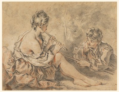 Bergère jouant de la flûte pour un berger - after Francois Boucher