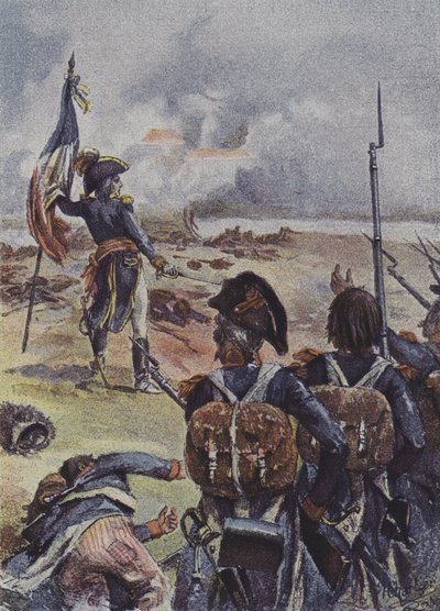 Le général Augereau plantant le drapeau du 1er bataillon du 99e régiment devant leurs lignes à la bataille d