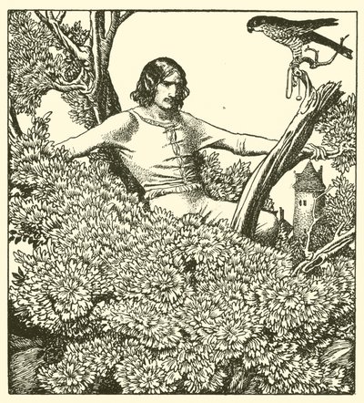 Sir Launcelot grimpe pour attraper le faucon de la dame - after Howard Pyle
