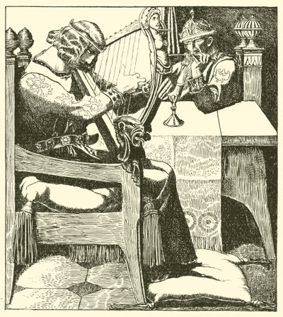 Sir Tristram joue de la harpe devant le roi Mark - after Howard Pyle