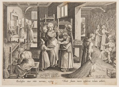 Nourrir les vers à soie avec des feuilles de mûrier - after Jan van der Straet, called Stradanus