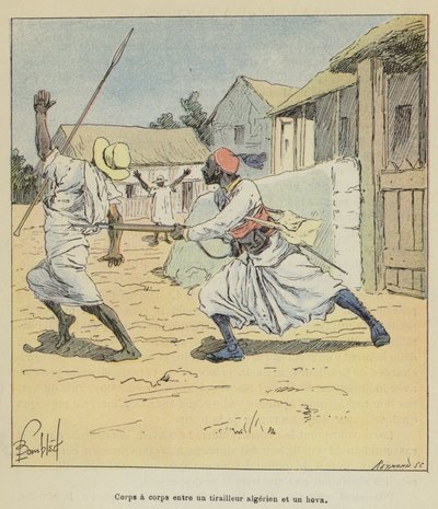 Corps à corps entre un tirailleur algérien et un Hova - after Louis Charles Bombled