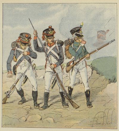 Jeune garde, 1806, Conscrit-grenadier, Tirailleur-grenadier, Flanqueur-chasseur - after Louis Charles Bombled