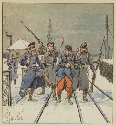 Le fourrier Papot, blessé et fait prisonnier, est frappé honteusement par un officier prussien - after Louis Charles Bombled