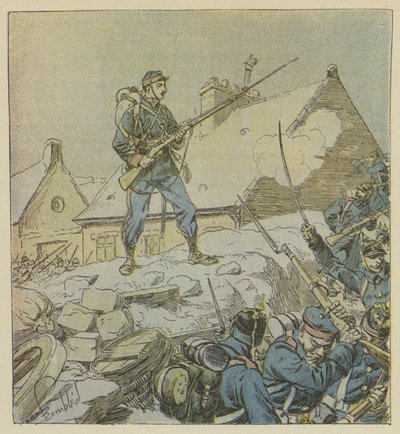 Le sergent Pitou, en montant intrépidement sur la barricade de Courceboeufs, décide de la prise du village - after Louis Charles Bombled