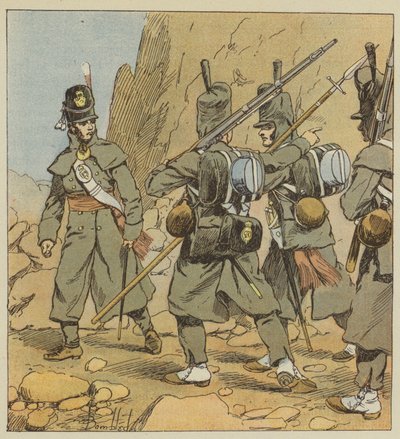 Soldats anglais du 1er régiment de la garde à pied, en tenue de route, Espagne, 1814 - after Louis Charles Bombled