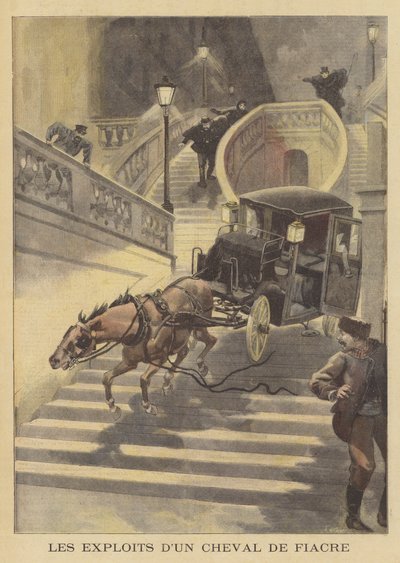 Un cheval tirant un cabriolet descendant un escalier à Paris - after Oswaldo Tofani