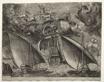 Navires à voile : Deux galères naviguant derrière un trois-mâts armé avec Phaéton et Jupiter dans le ciel - after Pieter Bruegel
