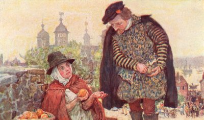 Shakespeare achète une orange à deux sous à un vendeur de fruits sur Tower Hill, Londres - after William Hatherell
