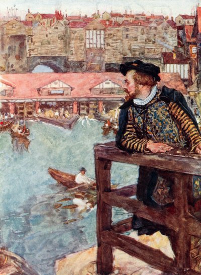 Shakespeare regarde les moulins à eau sous le pont de Londres - after William Hatherell