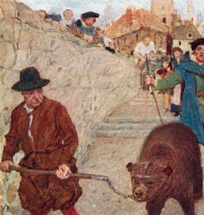 Shakespeare regarde un ours en route vers le Bear Garden à Bankside - after William Hatherell