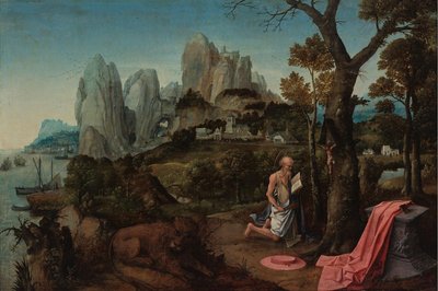 Saint Jérôme pénitent dans le désert, à moitié nu, agenouillé devant un crucifix et tenant une pierre à la main pour se frapper la poitrine ; - anonymous 