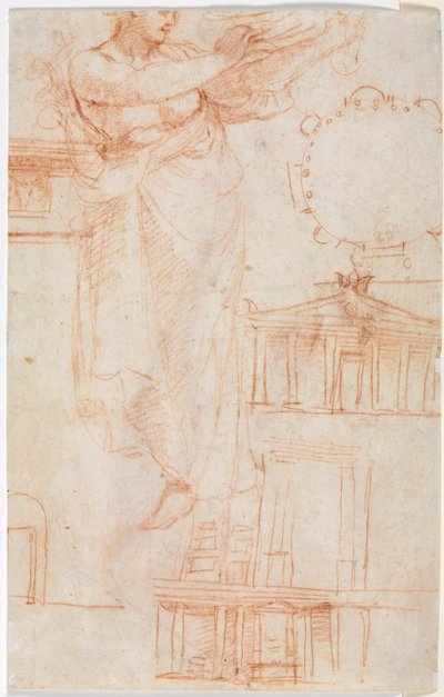 Une figure féminine drapée (peut-être une Amazone) et études architecturales (verso) - attributed to Correggio