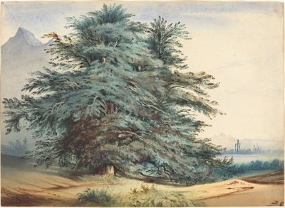 Deux arbres anciens devant un sommet de montagne - attributed to Jules Dupré