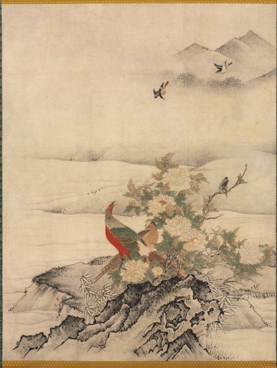 Fleurs et Oiseaux dans un Paysage Printanier - attributed to Kano Motonobu