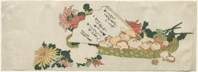 Panier avec éventail, chrysanthèmes et champignons - attributed to Katsushika Hokusai