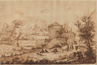Paysage avec forteresse et rivière - called Guercino after Giovanni Francesco Barbieri