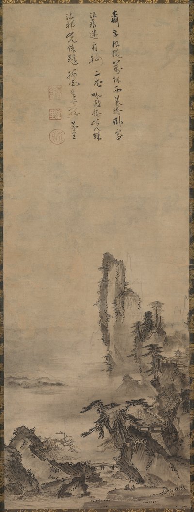 Temple solitaire et falaise imposante - circle of Kenkō Shōkei