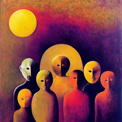 Foule abstraite avec des visages expressifs, art surréaliste figuratif - F. Abderrahim