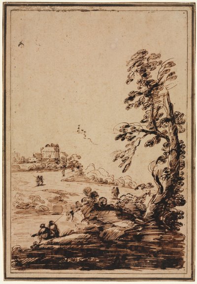 Paysage avec petit groupe de bâtiments - imitator of Guercino