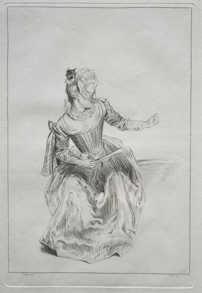 Femme tenant un éventail - possibly by Benoit II Audran