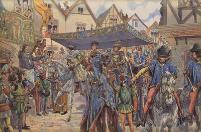 Foules dans les rues de Paris accueillant Louis XI à son arrivée de Bourgogne pour réclamer son royaume après la mort de son père, Charles VII - pseudonym for Onfray de Breville Jacques Job