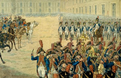 Première revue de la garde consulaire dans la cour des Tuileries par Napoléon Ier Bonaparte (1769-1821). Après l