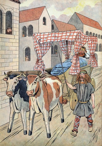 Histoire de France. Scène représentant des rois fainéants en jouets : le roi de France Thierry III (673-691) transporté dans un char avec un lit tiré par des bœufs. Dans "Joujoux à l