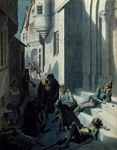 Histoire de France au Moyen Âge : François de Montcorbier dit François Villon (1431-1463?), poète, composant ses œuvres dans la misère des rues de Paris. Illustration de Jacques Marie Gaston Onfray de Bréville dit JOB (1858-1931) - pseudonym for Onfray de Breville Jacques Job
