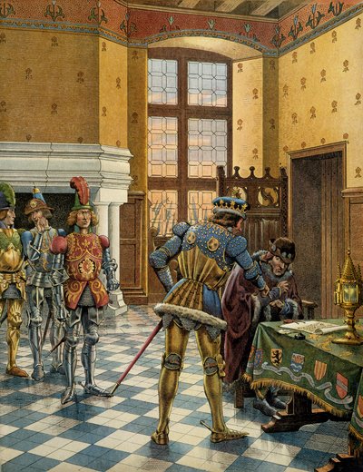 Histoire de France au Moyen Âge : entretien de Péronne entre le roi Louis XI dit le Prudent (1423-1483) et Charles le Téméraire (1433-1477). Illustration de Jacques Marie Gaston Onfray de Breville dit JOB - pseudonym for Onfray de Breville Jacques Job
