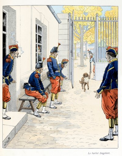 Illustration extraite du livre « A la gloire des bêtes » texte de A Fabre, dessins de Jacques Marie Gaston Onfray de Breville dit JOB (1858-1931), éditeur Maison Alfred Mame et fils : Le Barbet Dagobert (dans une caserne à Paris), Collection Partielle - pseudonym for Onfray de Breville Jacques Job