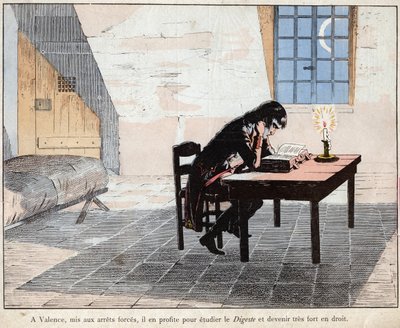 À Valence (prison) Napoléon en profite pour étudier le Digeste et devenir très fort en droit - Napoléon lit le Digeste et renforce ses connaissances en droit - lithographie de Job (Jacques Onfroy de Bréville) de "Le Grand Napoléon des Petites Enfants" - pseudonym for Onfray de Breville Jacques Job