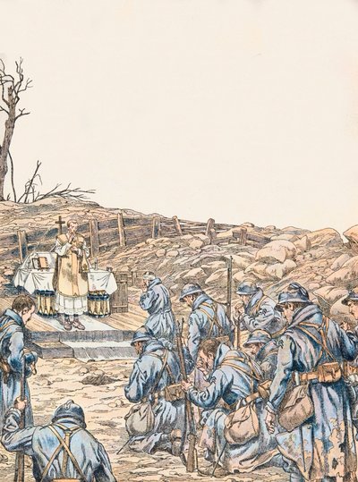 Messe donnée dans une tranchée pendant la Première Guerre mondiale, Collection privée - pseudonym for Onfray de Breville Jacques Job