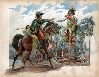 Joachim Murat et le général Antoine Charles Louis de La Salle pendant la bataille de Heilsberg en 1807. Gravure de Jacques Marie Gaston Onfray de Breville dit Job - pseudonym for Onfray de Breville Jacques Job