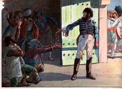 Joachim Murat (1767-1815), roi déchu de Naples, prisonnier dans la forteresse du port de Pizzo distribue son argent aux bandits captifs avec lui en 1815. Gravure de Jacques Marie Gaston Onfray de Breville dit Job (1858-1931) - pseudonym for Onfray de Breville Jacques Job
