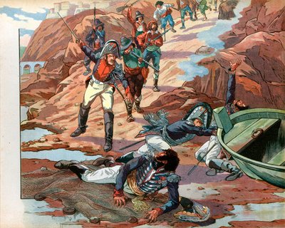 Joachim Murat (1767-1815), roi déchu de Naples, fait prisonnier à Pizzo en Calabre par la foule hostile en 1815. Gravure de Jacques Marie Gaston Onfray de Breville dit Job (1858-1931) - pseudonym for Onfray de Breville Jacques Job