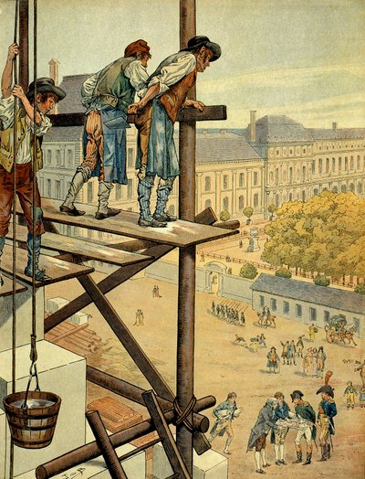 Napoléon Ier Bonaparte (1769-1821) attentif aux travaux architecturaux et urbains de la liaison entre le Louvre et le Palais des Tuileries à Paris avec la Place et la Rue de Rivoli commencés en 1802 et recoupant le nom de la bataille qui a eu lieu - pseudonym for Onfray de Breville Jacques Job