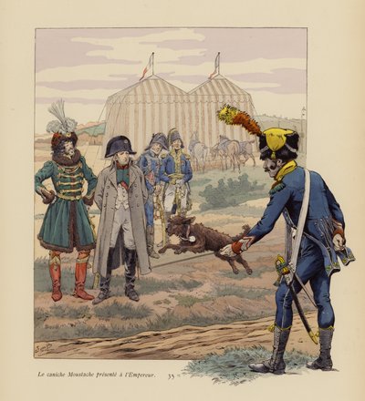 Le chien Moustache présenté à Napoléon (lithographie en couleur) - pseudonym for Onfray de Breville Jacques Job