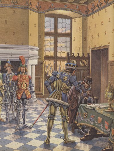 Charles le Téméraire, duc de Bourgogne, présente un traité au roi Louis XI et exige qu
