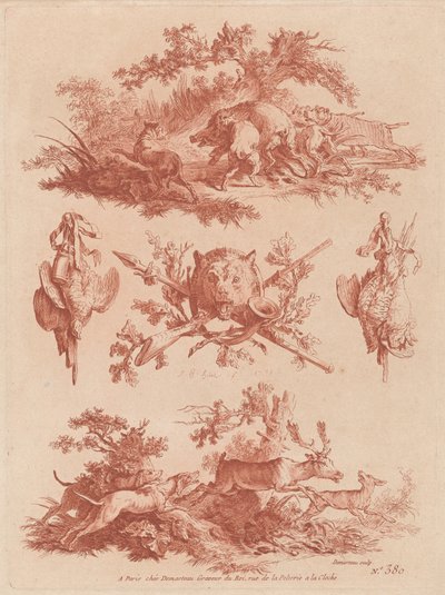 Trophées de Chasse et Vignettes avec Chiens Poursuivant un Sanglier et un Cerf - the Elder and Jean Baptiste Hüet Gilles Demarteau