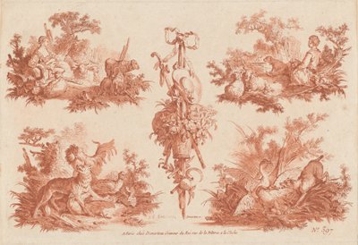Deux Vignettes Pastorales, Deux Vignettes de Chasse et un Trophée - the Elder and Jean Baptiste Hüet Gilles Demarteau