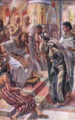 Jacob devant Pharaon, illustration de Pictures That Teach The Crown Series, 1920 - Harold Copping